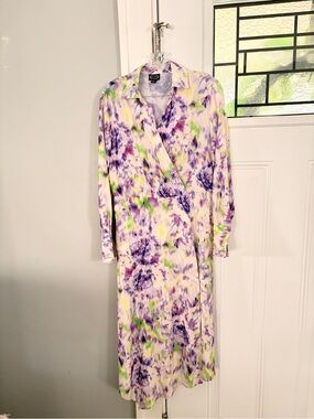 Asymmetrical Hem Floral Faux Wrap Dress in Purple and Green